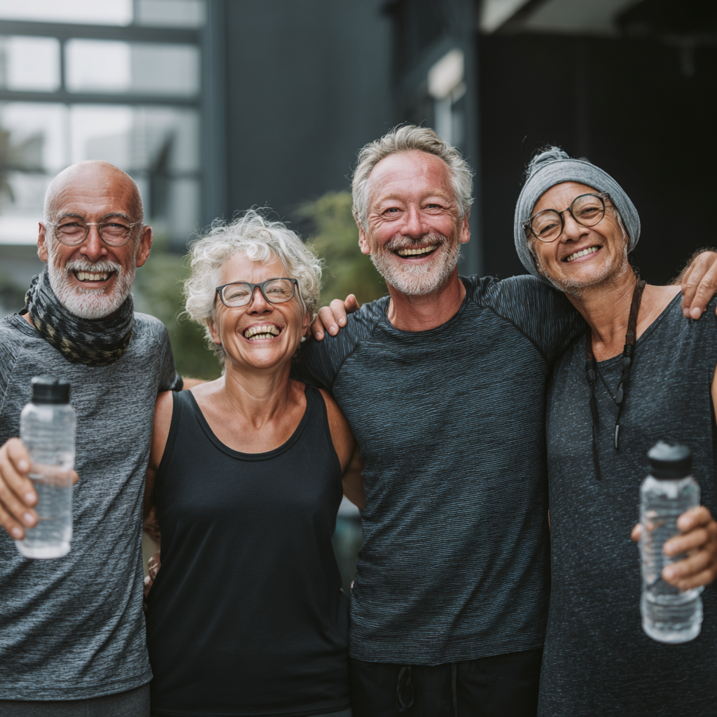 Middle-aged adults celebrating healthy lifestyle achievements together