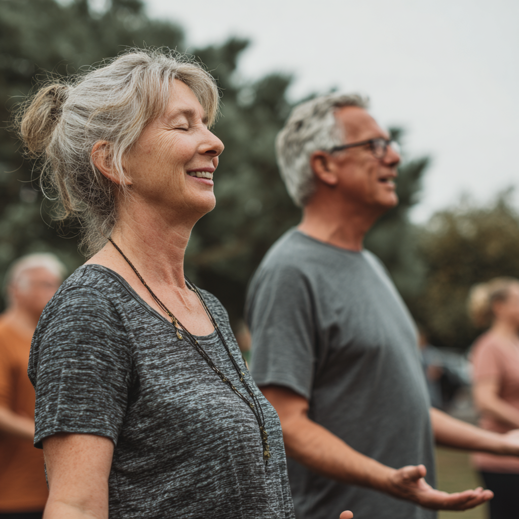 Middle-aged adults practicing gentle movement exercises in natural setting