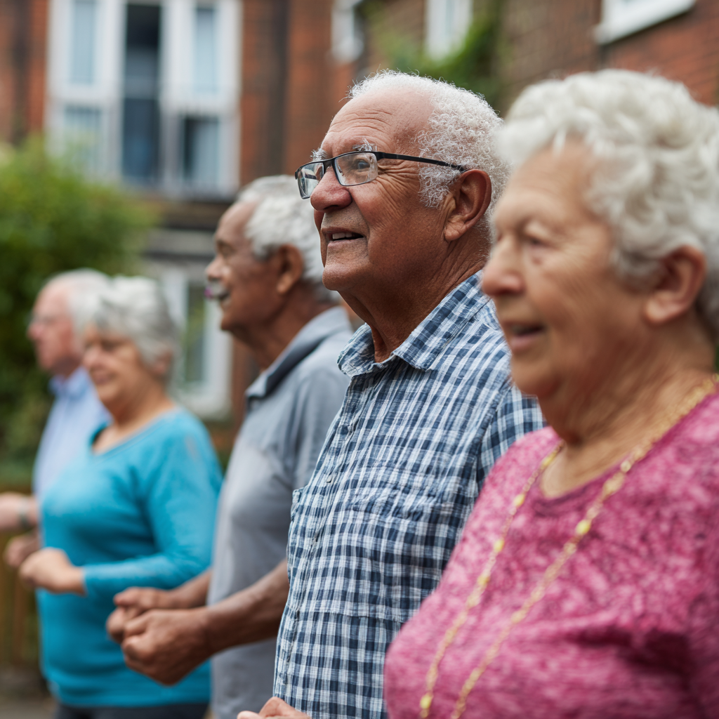 Older adults engaging in gentle rehabilitation exercises outdoors